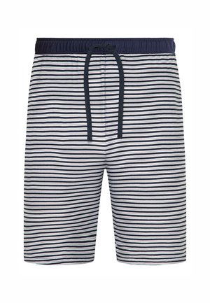 Blaue und weiße gestreifte Shorts mit elastischem Bund und Kordelzug. Hergestellt aus leichtem Stoff, mit horizontalen Streifen und ohne Taschen.