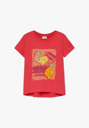 Red short-sleeve t-shirt with lemon-themed design, including sequin and textured lemon graphics and the words "Vitamins" and "Fresh & Fruity lemons."