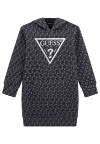 Sudadera con capucha negra con patrón de logo en toda la prenda, que presenta un gran gráfico triangular con el logo "GUESS" y un signo de interrogación.
