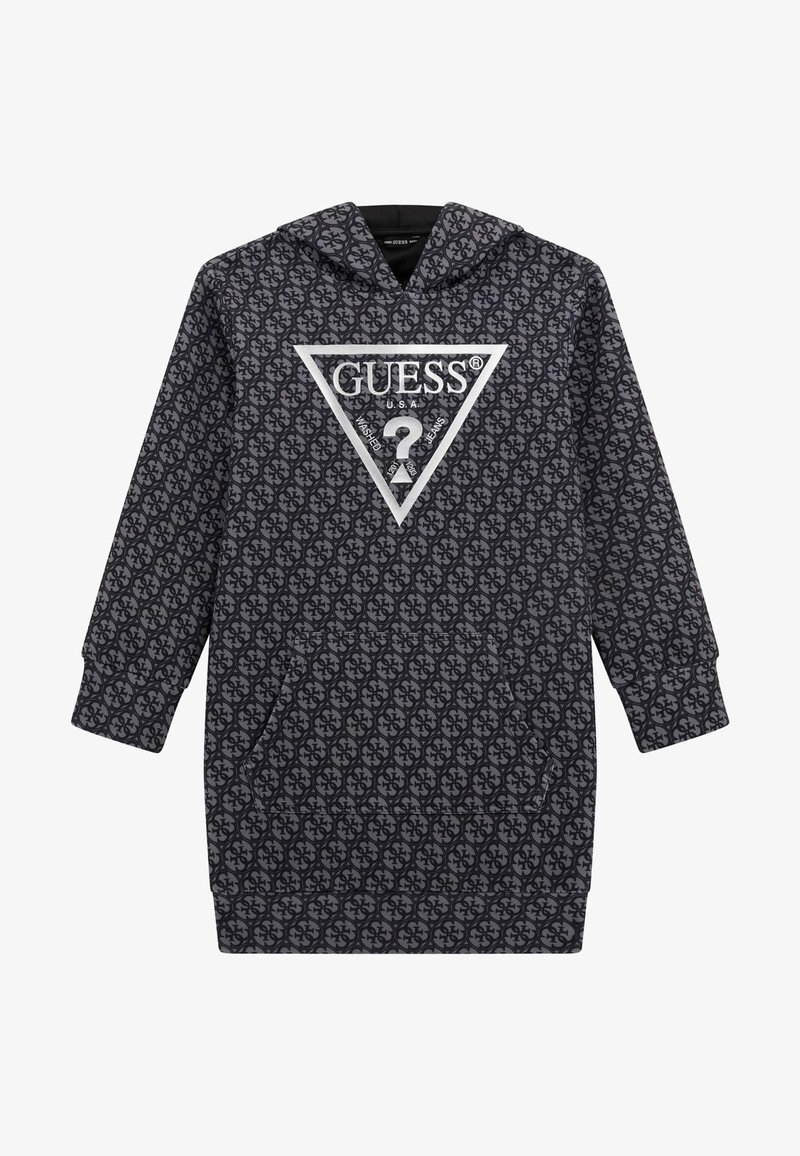 Sweat à capuche noir avec motif logo intégral, présentant un grand graphique triangulaire avec le logo "GUESS" et un point d'interrogation.