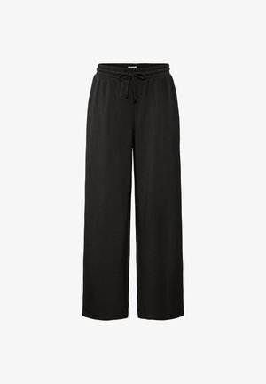 Schwarze weit geschnittene Hosen aus weichem Stoff, mit einem elastischen Bund und einem Kordelzug für eine verstellbare Passform. Glatte Textur und ohne Muster.