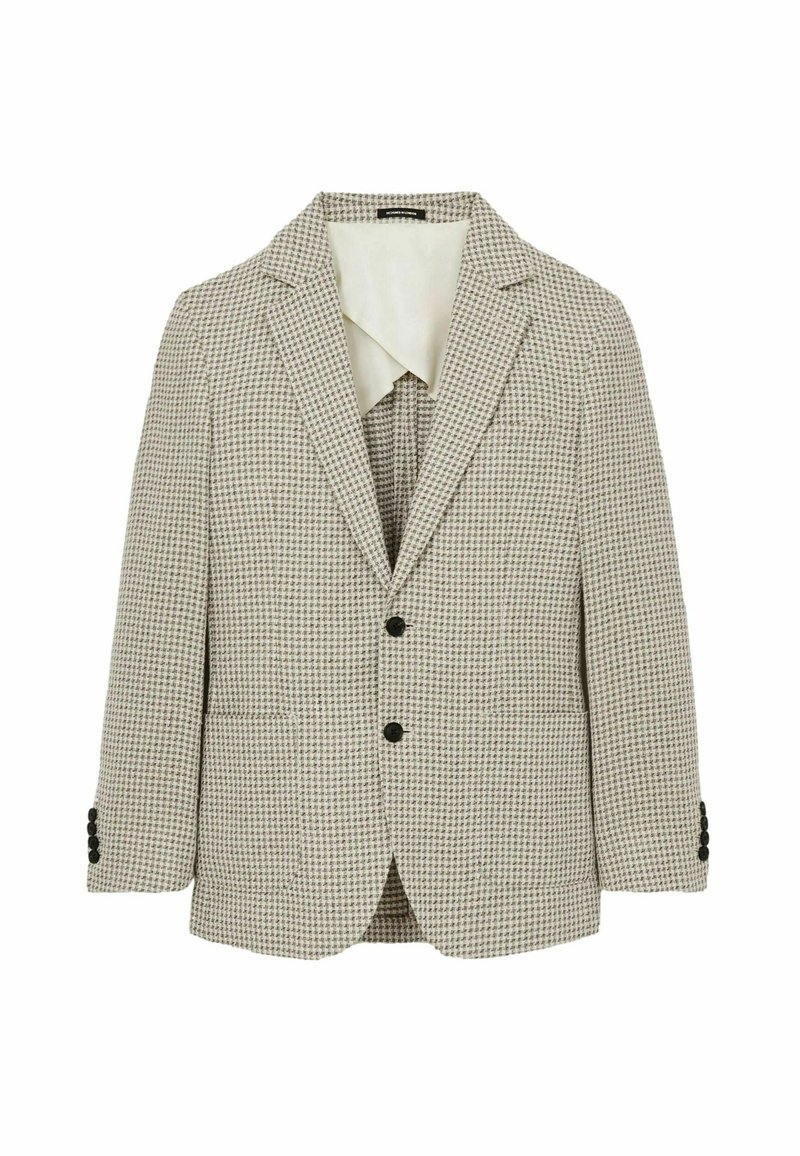 Blazer a quadri nei toni beige e marrone, chiusura con due bottoni, rever a punta, tasche laterali e dettagli in nero sui bottoni delle maniche.