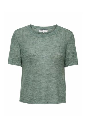 Short-sleeve, light green knitted sweater with round neckline and basic fit, styled for casual wear.