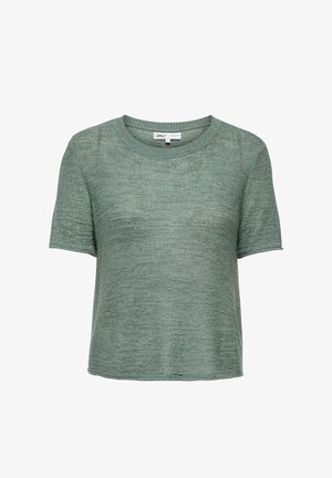 Short-sleeve, light green knitted sweater with round neckline and basic fit, styled for casual wear.
