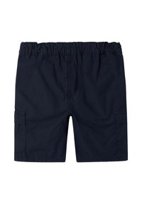 Shorts cargo bleu marine avec une taille élastique, comportant deux poches latérales et une texture lisse. Longueur mi-cuisse sans motifs visibles.