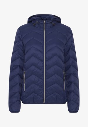 Navy blue puffer jacket with a chevron pattern, a removable hood, front zipper, and two zippered side pockets. Smooth texture and lightweight design.