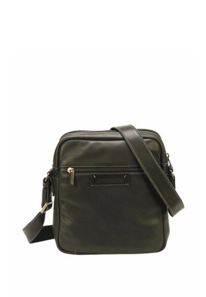 Petit sac bandoulière en cuir noir compact avec poche avant zippée, bandoulière réglable et détails de couture subtils.