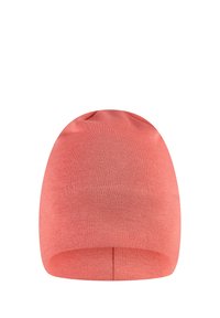 Coral knit beanie hat with a smooth texture, rounded top, and a seamless design. Measures approximately 24 cm in height and 18 cm in width.