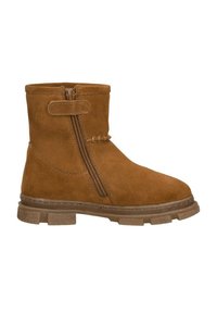 Bruine suède enkellaars met een zijrits, platte rubberen zool en een eenvoudig ontwerp. Heeft een gladde textuur en minimale stikdetails.