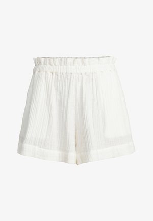 White, lightweight shorts with a textured, pleated fabric. Features an elastic waistband and rolled hem for a relaxed fit.