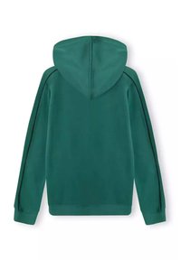 Zielona bluza z kapturem wykonana z miękkiego materiału, z pełnym nadrukiem na plecach, długimi rękawami i kontrastującymi paskami po bokach.