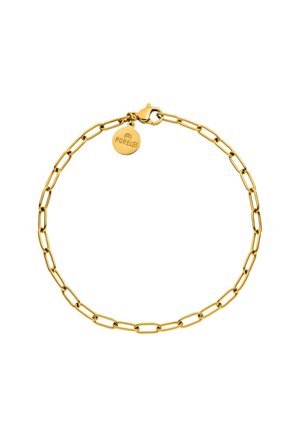 Goldenes Kettenarmband mit verlängerten Gliedern und einem runden Anhänger, auf dem das Wort "PURELEI," eingraviert ist, gesichert mit einem Karabinerverschluss.