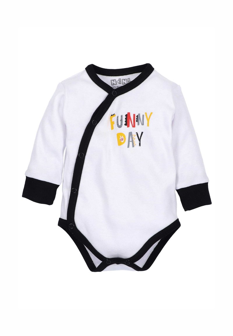 Witte lange mouw romper met zwarte afwerking en drukknoopsluiting. Aan de voorkant staat kleurrijke tekst met de tekst "FUNNY DAY." Zacht katoenmateriaal.
