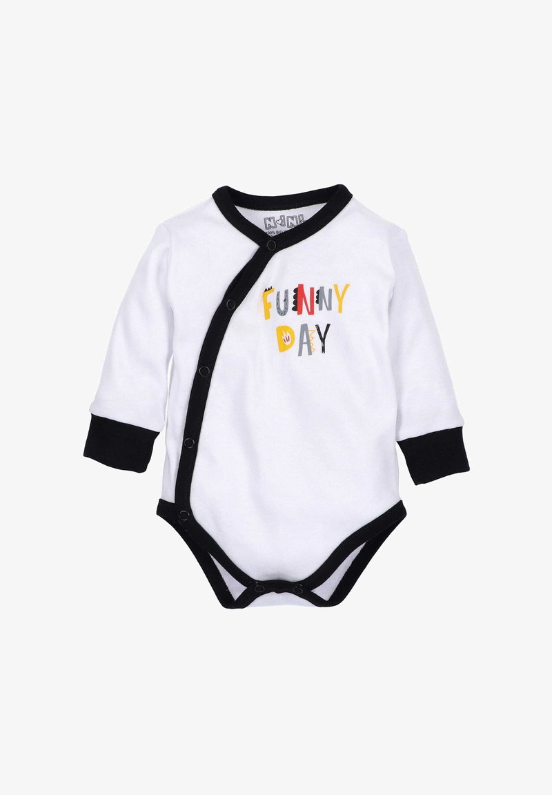 Biała bodziak z długim rękawem, czarnymi wykończeniami i zatrzaskami. Z przodu znajduje się kolorowy napis "ŚMIECHOTLIWY DZIEŃ". Wykonany z miękkiej bawełny.