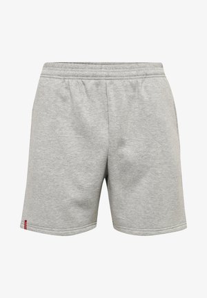 Grau Baumwollshorts mit einem elastischen Bund, geradem Schnitt, doppelten Nähten und einem kleinen Logosticker auf der linken Seite.