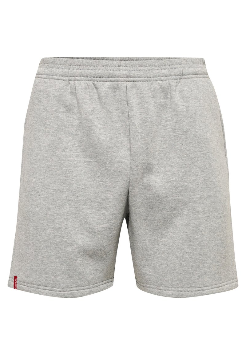 Grijze katoenen shorts met een elastische tailleband, voorzien van een rechte snit, dubbele stiksels en een klein logo-label aan de linkerkant.