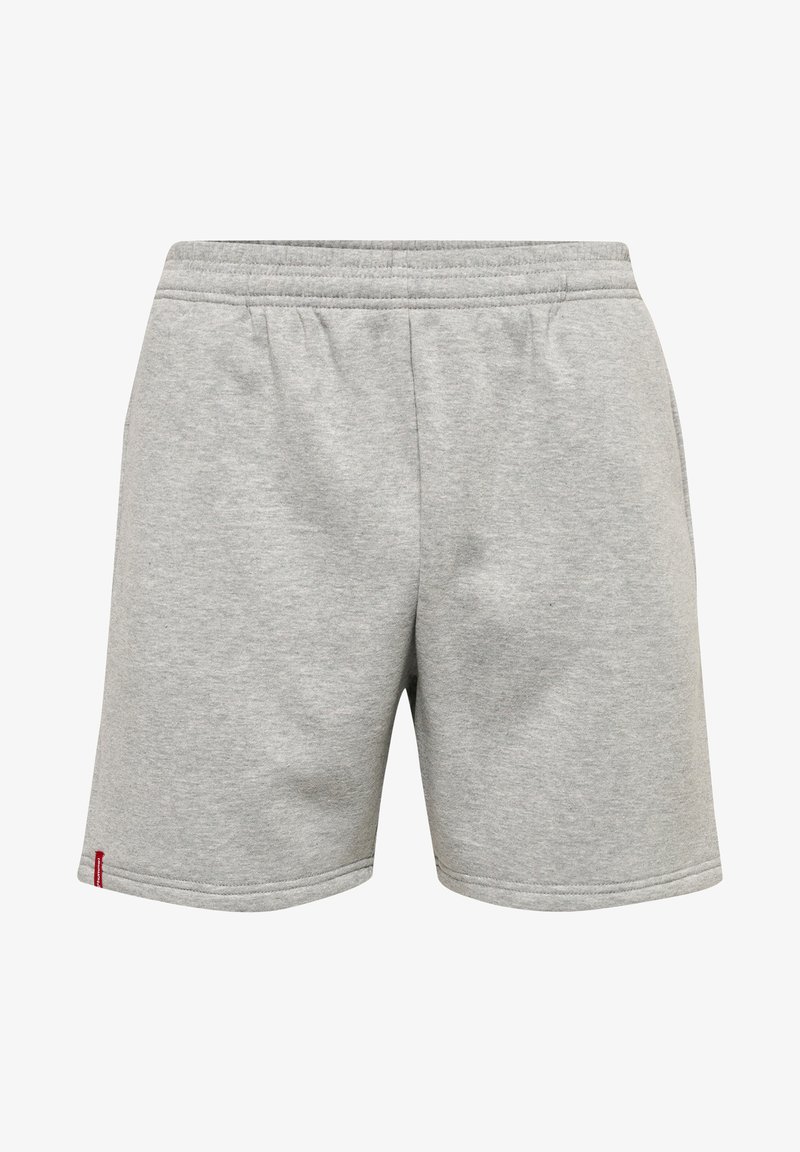 Grå bomullsshorts med elastisk midja, med rak passform, dubbelsömmar och en liten logotypetikett på vänster sida.