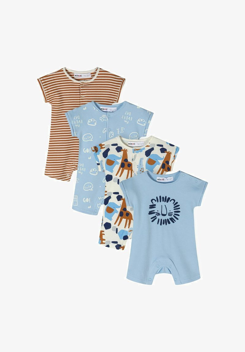 Négy darab baba rugdalózó pamutból: barna csíkos, világoskék felhőkkel, krém színű állatmintás, és világoskék oroszlán grafikával.