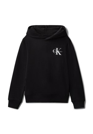 Black pullover hoodie with long sleeves, ribbed cuffs, and small white Calvin Klein "CK" logo on the upper left chest.