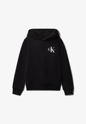 Fekete hosszú ujjú pulóver kapucnis felső bordázott mandzsettákkal és kis fehér Calvin Klein "CK" logóval a bal felső mellrészen.
