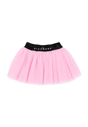 Gonna in tulle rosa con fascia in vita nera con il nome del marchio John Richmond in lettere bianche.