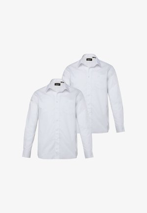 Twee witte overhemden met lange mouwen, knoopsluiting, kraag en een zak aan de linkerkant; de stof lijkt glad en stevig.