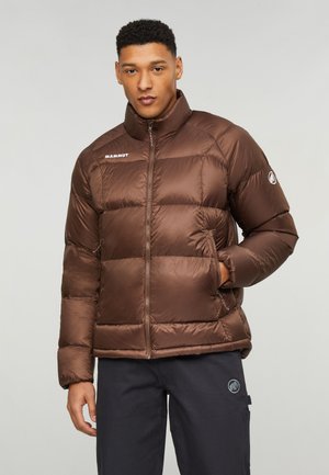 Ung mand iført en brun pufferjakke med Mammut-logo, stående med den ene hånd i lommen og neutral baggrund.