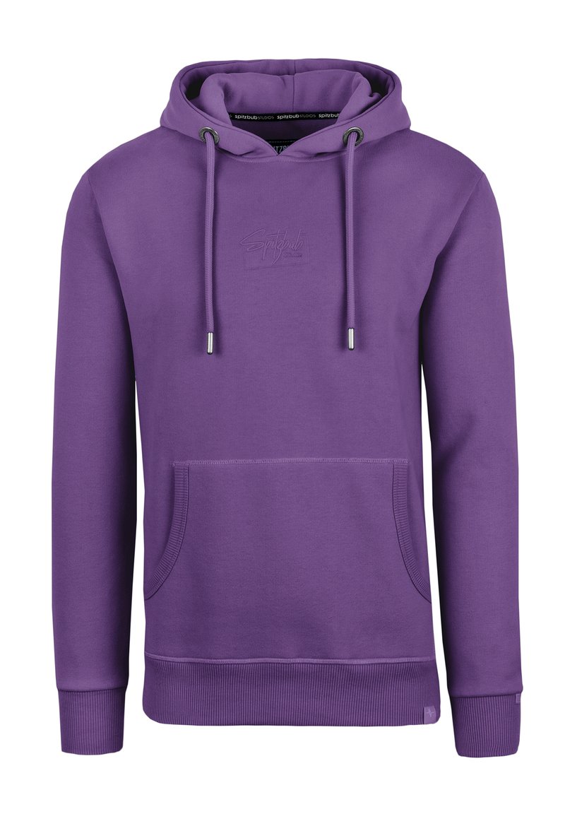 Paarse hoodie van zachte stof met een kangoeroezak, trekkoordcapuchon, ribgebreide manchetten en een geborduurd logo op de borst.