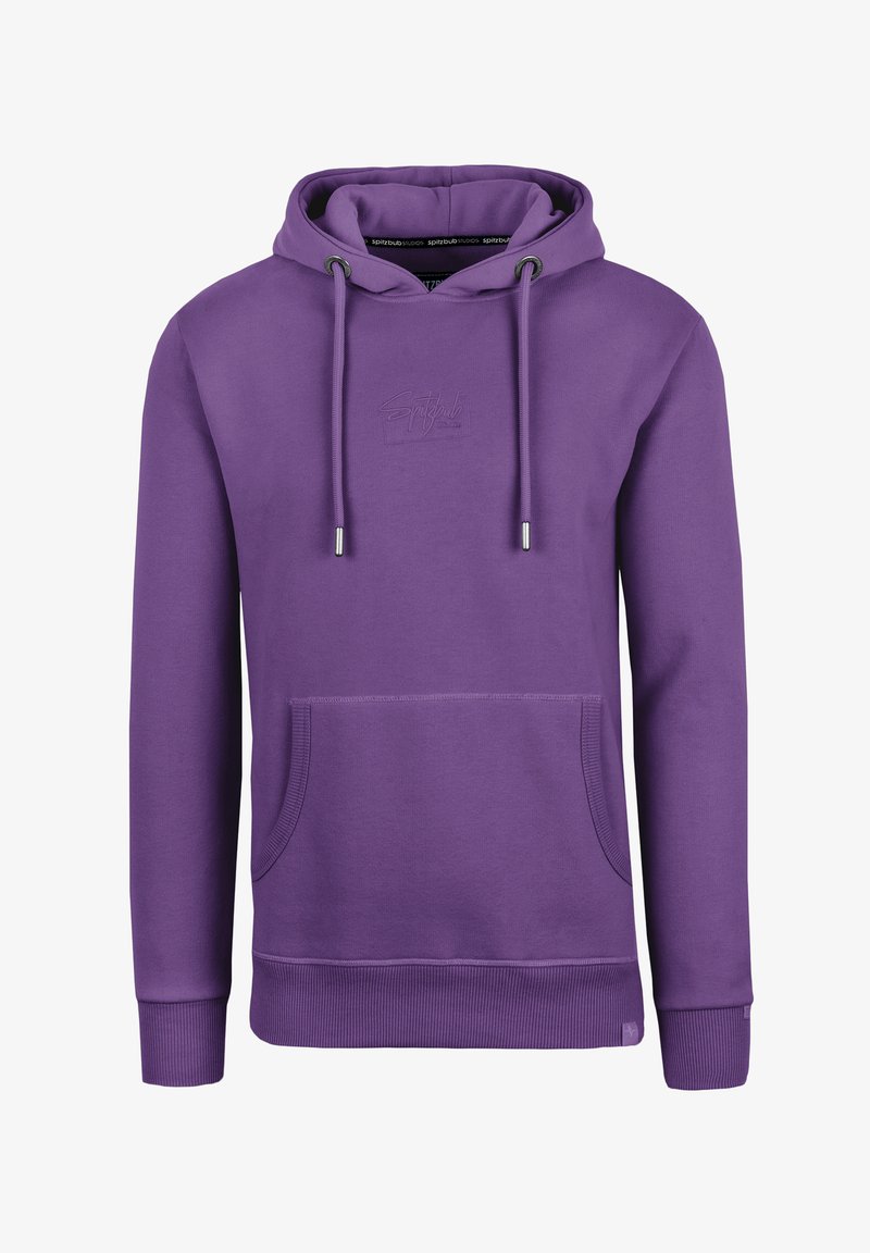 Purple hoodie made of soft fabric features a kangaroo pocket, drawstring hood, ribbed cuffs, and an embroidered logo on the chest.