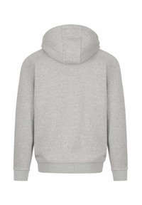 Felpa grigia con cucitura centrale, cappuccio e polsini e orlo a coste. Realizzata in materiale morbido, presenta una texture semplice senza motivi visibili.