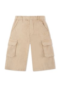 Pantaloni cargo beige realizzati in cotone, con vita elasticizzata, due tasche laterali e due ampie tasche cargo sulle cosce.