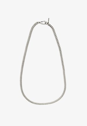 Zilveren ketting met platte, in elkaar grijpende schakels en een karabijnsluiting. De gladde textuur en gepolijste afwerking geven het een elegante uitstraling.