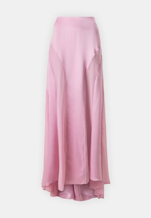 Garšīga, plūstoša svārku kleita no gaiši rozā satīna. Tās iezīmes ir augsta jostasvieta, paplatināts siluets un slāņveida dizains, kas rada kustību un tekstūru.