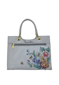 Grijze leren handtas met bloemmotief, gouden hardware en dubbele bovenhandvaten. Beschikt over een ritsvak en handgeschilderde illustraties.