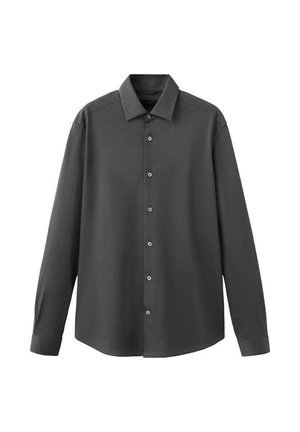 Temno siva srajca z dolgimi rokavi, z gumbi, z ostrim ovratnikom in zapognjenimi manšetami, prikazana na belem ozadju.