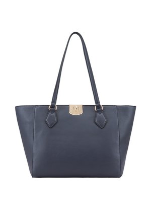 Grote navy blauwe leren tote bag met een gladde textuur, twee handvatten en een gouden hardware sluiting. Beschikt over een gestructureerd ontwerp en schuine zijkanten.