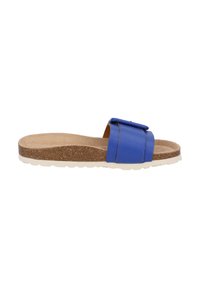Sandale bleue à semelle en liège, dotée d'une large sangle et d'un détail de boucle. La semelle est de couleur claire avec un motif de semelle texturé.