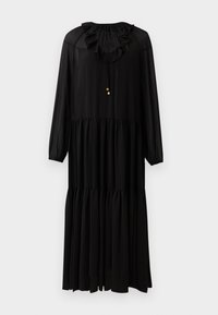 Abito lungo nero con maniche a lunghezza intera, scollatura arricciata, vita elasticizzata e gonna a strati. Realizzato in un tessuto leggero. Accenti in semplice hardware dorato.