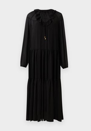 Black long-sleeve dress with a ruffled neckline, elasticized waist, and tiered skirt. Made from a lightweight fabric. Simple gold hardware accents.