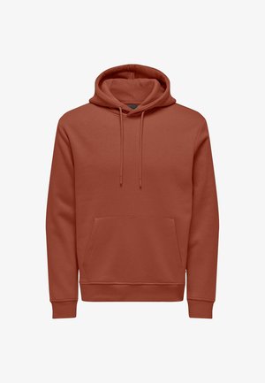 Hooded sweatshirt in terracotta color, made of soft fabric. Features a front pocket and ribbed cuffs and hem. Smooth texture.