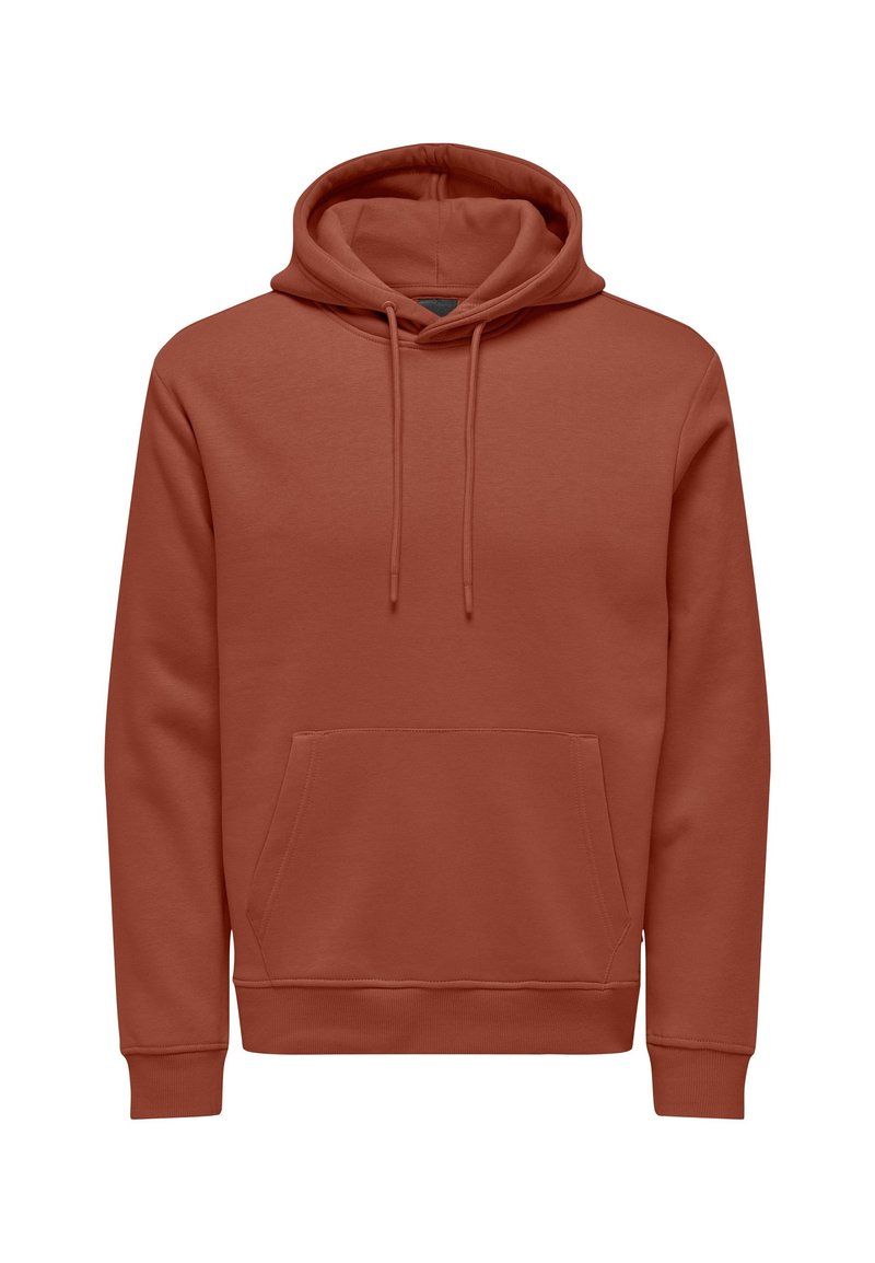 Hooded sweatshirt in terracotta color, made of soft fabric. Features a front pocket and ribbed cuffs and hem. Smooth texture.