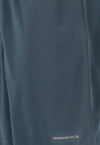 Marinblå sportshorts tillverkade av ett mjukt, lättviktsmaterial med en subtil textur och logotypen "ENDURANCE" i vitt.