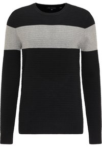 Schwarz- und grau gestreifter Pullover mit langen Ärmeln, geripptem Ausschnitt und strukturiertem Strickmuster. Mit horizontalen Farbblöcken auf der Brust.