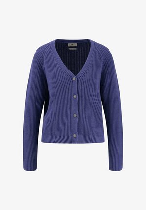 V-neck purple cardigan made of ribbed knit fabric. Features long sleeves and five gray buttons down the front. Solid color with no patterns.