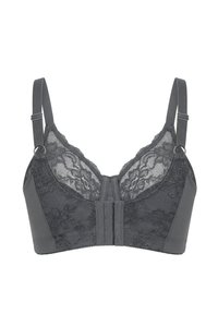 Gray lace bra with adjustable straps, front hook-and-eye closure, and floral embroidery on sheer fabric cups.