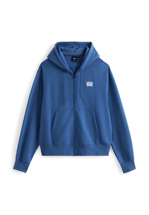 Sweat à capuche bleu à fermeture éclair, en coton doux, avec une poche frontale, une capuche à cordon de serrage et un logo blanc sur la poitrine gauche.