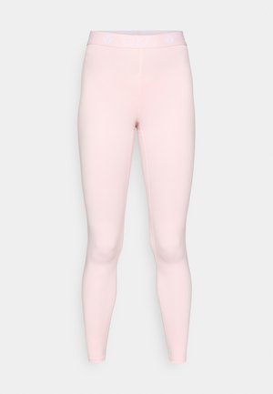 Leggings roses extensibles à texture lisse, avec une large ceinture portant l'inscription "e&o." Conçus pour le confort et la flexibilité.