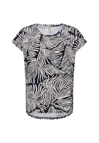 Short-sleeve t-shirt featuring a navy background with white leaf patterns, made of soft fabric with a rounded neckline and curved hem.