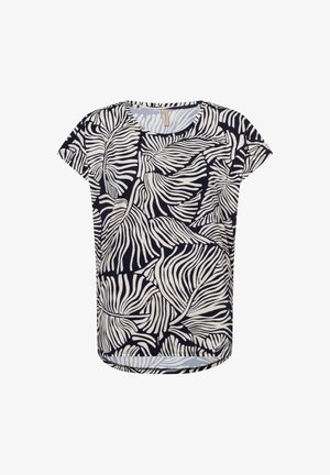 T-Shirt mit kurzen Ärmeln, das einen navyblauen Hintergrund mit weißen Blättern zeigt, aus weichem Stoff gefertigt, mit rundem Ausschnitt und abgerundetem Saum.