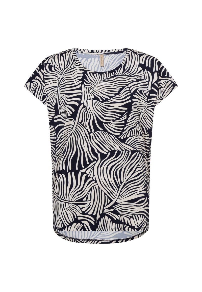 Short-sleeve t-shirt featuring a navy background with white leaf patterns, made of soft fabric with a rounded neckline and curved hem.